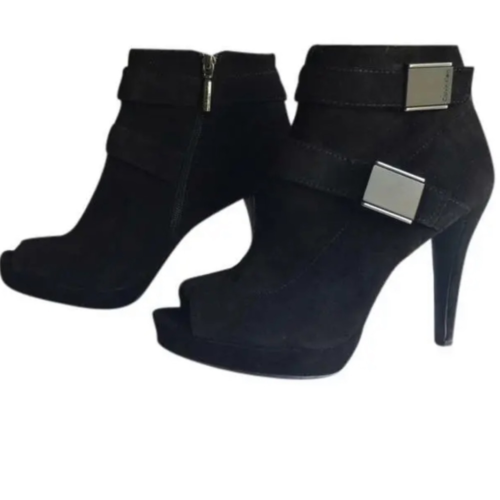 Calvin Klein Sallie Black Suede Open Toe Booties Strappy Stiletto Heels Size 7.5